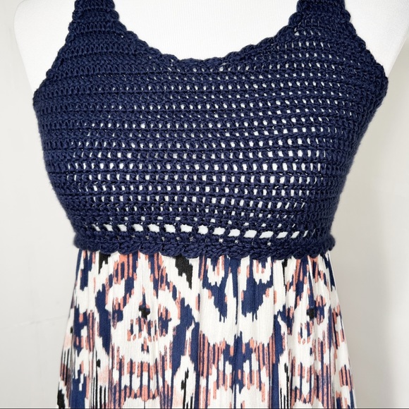 Ella Moss Navy Blue Crochet Colorful Watercolor Split Hem Sleeveless Maxi Dress - Picture 8 of 12